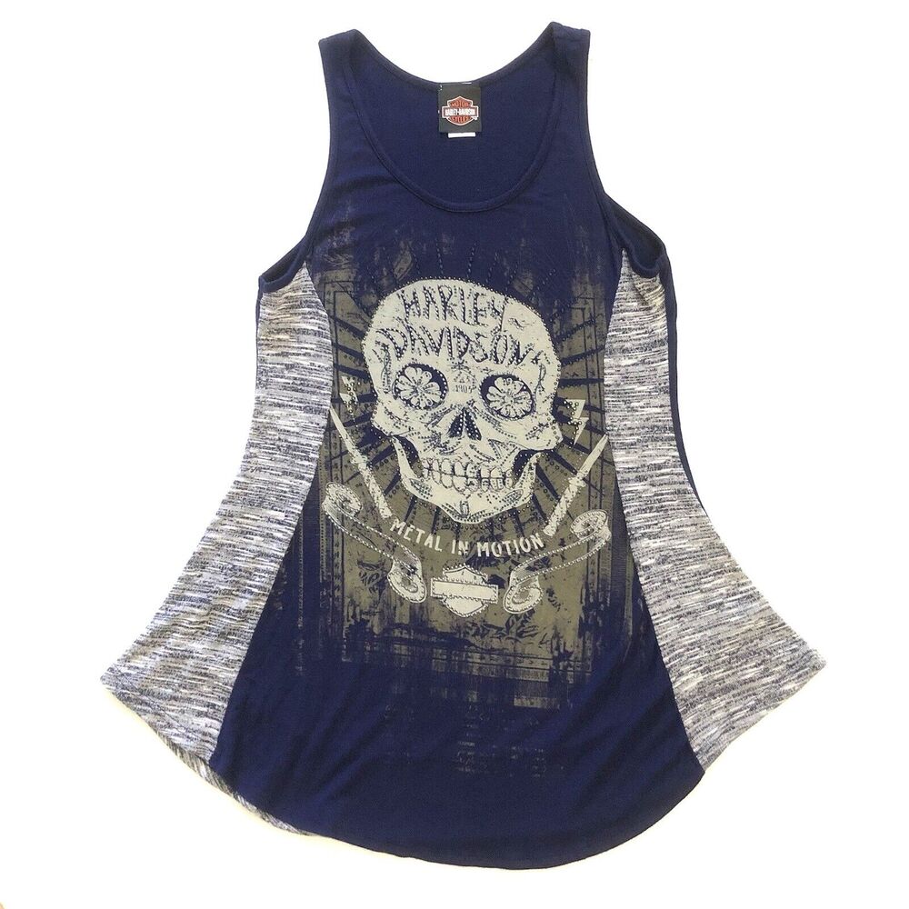 Harley Davidson Women Navy Blue Embellished Skull Metal In Motion Tank Top S